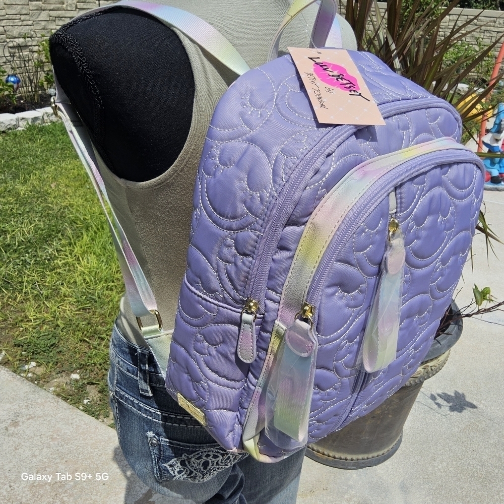 BETSEY JOHNSON PURPLE QUILTED LUV BETSEY SMILEY โบ๏ธ FACE BACKPACK - Picture 3 of 4
